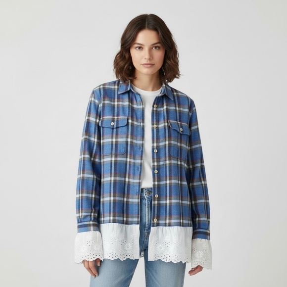 Plaid Button-Front Shirt with Eyelet Hem - Picture 2 of 3